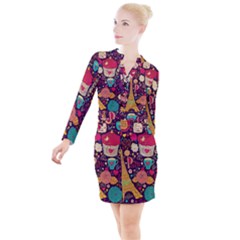 Collage Worx Black Collage Cupcake Eifel Tower Fireworks Paris Button Long Sleeve Dress by Grandong