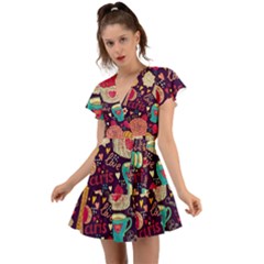 Collage Worx Black Collage Cupcake Eifel Tower Fireworks Paris Flutter Sleeve Wrap Dress by Grandong