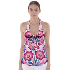 Fantasy Pink Flowers Stained Glass Tie Back Tankini Top by Grandong