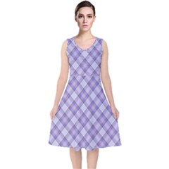 Purple Plaid Tartan 2 Diagonal V-neck Midi Sleeveless Dress  by dressshop