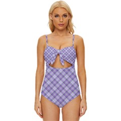Purple Plaid Tartan 2 Diagonal Knot Front One-piece Swimsuit by dressshop