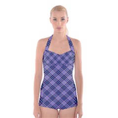 Purple Plaid Tartan 1 Diagonal Boyleg Halter Swimsuit  by dressshop