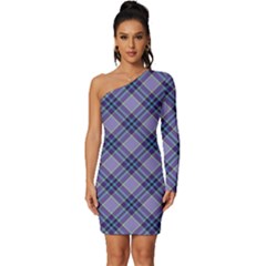 Purple Plaid Tartan 1 Diagonal Long Sleeve One Shoulder Mini Dress by dressshop