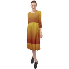Electric Yellow To Burgundy Red Linear Gradient Ruffle End Midi Chiffon Dress by GradientsOmbre