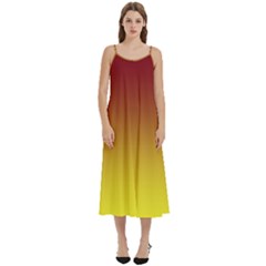 Burgundy Red To Electric Yellow Linear Gradient Casual Spaghetti Strap Midi Dress by GradientsOmbre