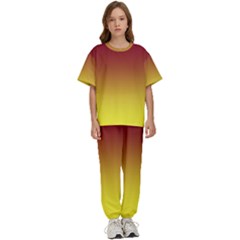 Burgundy Red To Electric Yellow Linear Gradient Kids  T-shirt And Pants Sports Set by GradientsOmbre