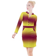 Electric Yellow To Burgundy Red Bilinear Gradient Button Long Sleeve Dress by GradientsOmbre