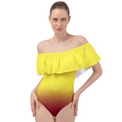 Burgundy Red To Electric Yellow Bilinear Gradient Off Shoulder Velour Bodysuit  by GradientsOmbre