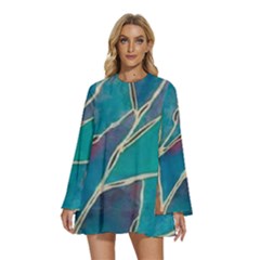 Aqua Batik, Abstract, Colorful Round Neck Long Sleeve Bohemian Style Chiffon Mini Dress by kyorashop23