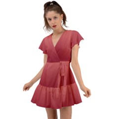 Coral Pink To Burgundy Red Linear Gradient Flutter Sleeve Wrap Dress by GradientsOmbre