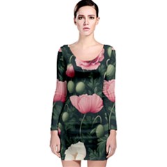 Poppy Flower Plant Petals Bloom Long Sleeve Bodycon Dress by Grandong