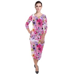 Pattern Seamless Texture Daisies Quarter Sleeve Midi Velour Bodycon Dress by Grandong