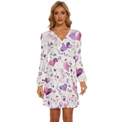 Hearts Love Purple Long Sleeve Waist Tie Ruffle Velvet Dress by Grandong