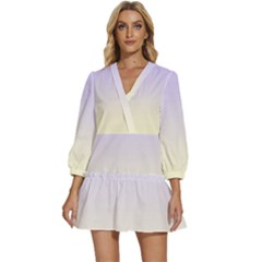 Pale Violet To Cream Yellow Linear Gradient V-neck Placket Mini Dress by GradientsOmbre