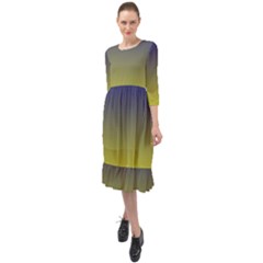 Navy Blue To Electric Yellow Linear Gradient Ruffle End Midi Chiffon Dress by GradientsOmbre