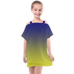 Navy Blue To Electric Yellow Linear Gradient Kids  One Piece Chiffon Dress by GradientsOmbre