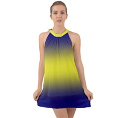 Navy Blue To Electric Yellow Bilinear Gradient Halter Tie Back Chiffon Dress by GradientsOmbre