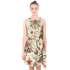 Christmas Tree Snow Halter Collar Waist Tie Chiffon Dress by Bedest