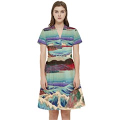 Wave Japanese Mount Fuji Ocean Short Sleeve Waist Detail Dress by Bedest