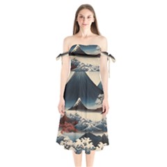 Hokusai Moutains Japan Shoulder Tie Bardot Midi Dress by Bedest