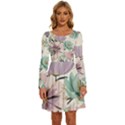 Flowers Pattern Floral Long Sleeve Wide Neck Velvet Dress View1