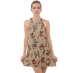 Leaves Pattern Teal Seamless Fall Halter Tie Back Chiffon Dress by Sabxi