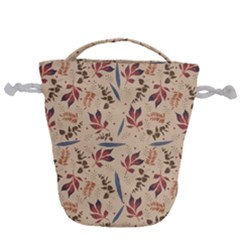Leaves Pattern Teal Seamless Fall Drawstring Bucket Bag by Sabxi
