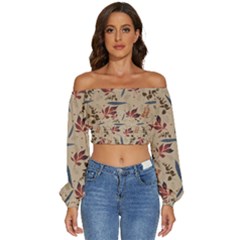 Leaves Pattern Teal Seamless Fall Long Sleeve Crinkled Weave Crop Top by Sabxi