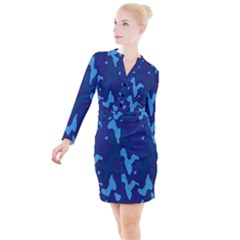 Blue Camouflage Pattern Button Long Sleeve Dress by kyorashop23
