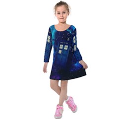Tardis Doctor Who Space Galaxy Kids  Long Sleeve Velvet Dress by Cemarart