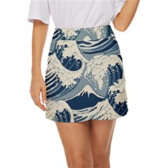 Japanese Wave Pattern Mini Front Wrap Skirt by Cemarart