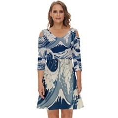 Japanese Wave Pattern Shoulder Cut Out Zip Up Dress by Cemarart