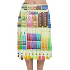 Supermarket Shelf Products Snacks Velvet Flared Midi Skirt by Cemarart