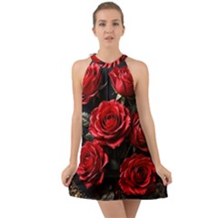 Red Roses Halter Tie Back Chiffon Dress by Sabxi