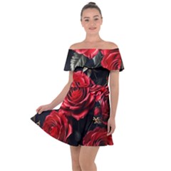Red Roses Off Shoulder Velour Dress by Sabxi