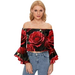 Red Roses Off Shoulder Flutter Bell Sleeve Top
