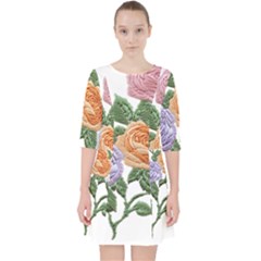 Embroidery Roses Floral Design Quarter Sleeve Pocket Dress by Sabxi