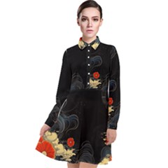 Korean Art Flowers Asian Pattern Long Sleeve Chiffon Shirt Dress by Sabxi