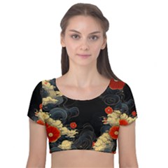 Korean Art Flowers Asian Pattern Velvet Short Sleeve Crop Top  by Sabxi
