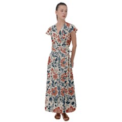 Retro Scandinavian Nordic Flowers Pattern Flutter Sleeve Maxi Dress by violetheavensky