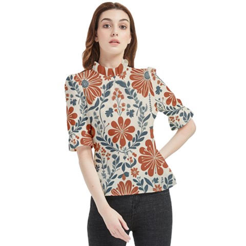 Retro Scandinavian Nordic Flowers Pattern 3 Frill Neck Blouse by violetheavensky