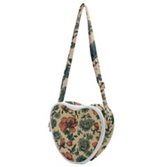 Victorian Beige And Teal Flower Pattern Heart Shoulder Bag by violetheavensky