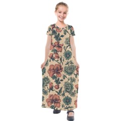 Victorian Beige And Teal Flower Pattern Kids  Short Sleeve Maxi Dress by violetheavensky