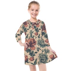 Victorian Beige And Teal Flower Pattern Kids  Quarter Sleeve Shirt Dress by violetheavensky