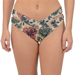 Victorian Beige And Teal Flower Pattern Double Strap Halter Bikini Bottoms by violetheavensky