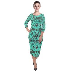 Mid Century Retro Floral 1970s 1960s Pattern 102 Quarter Sleeve Midi Velour Bodycon Dress by violetheavensky