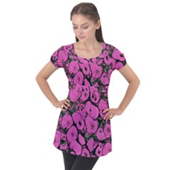 Mid Century Retro Floral 1970s 1960s Pattern 100 Puff Sleeve Tunic Top by violetheavensky