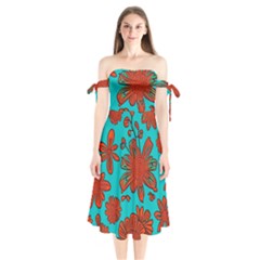 Mid Century Retro Floral 1970s 1960s Pattern 103 Shoulder Tie Bardot Midi Dress by violetheavensky