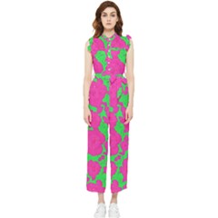 Mid Century Retro Floral 1970s 1960s Pattern 98 Women s Frill Top Chiffon Jumpsuit by violetheavensky