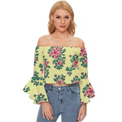 Retro 1880s Flowers Pattern 8 Off Shoulder Flutter Bell Sleeve Top by violetheavensky